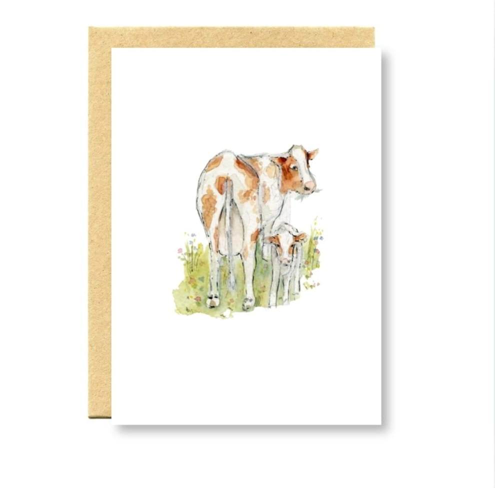 Greeting card with a cow illustration on a white background