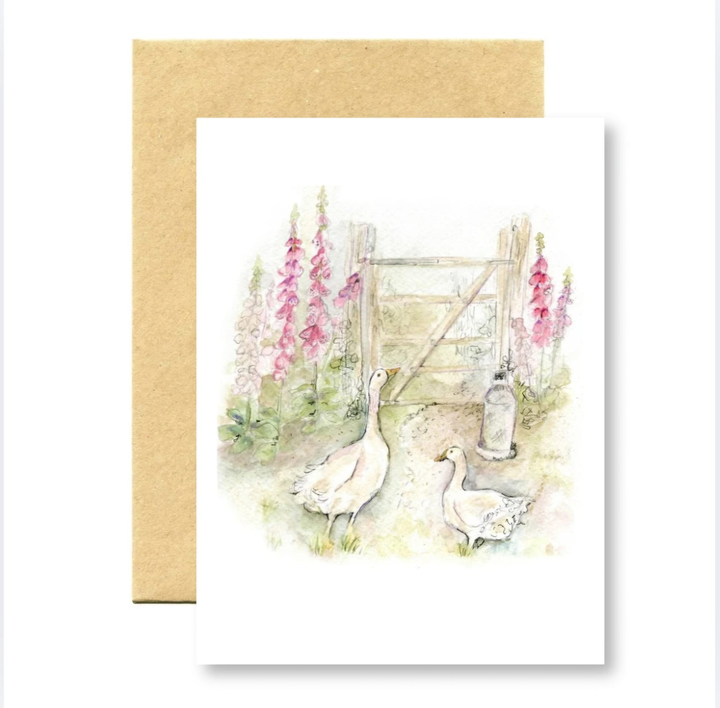 illustrated greetings card picturing geese in a cottage garden featuring foxgloves