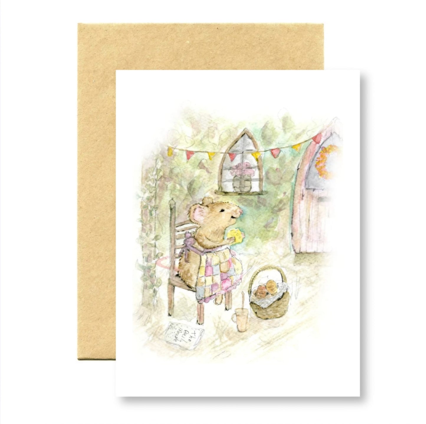 minted card of harvest mouse enjoying a picnic