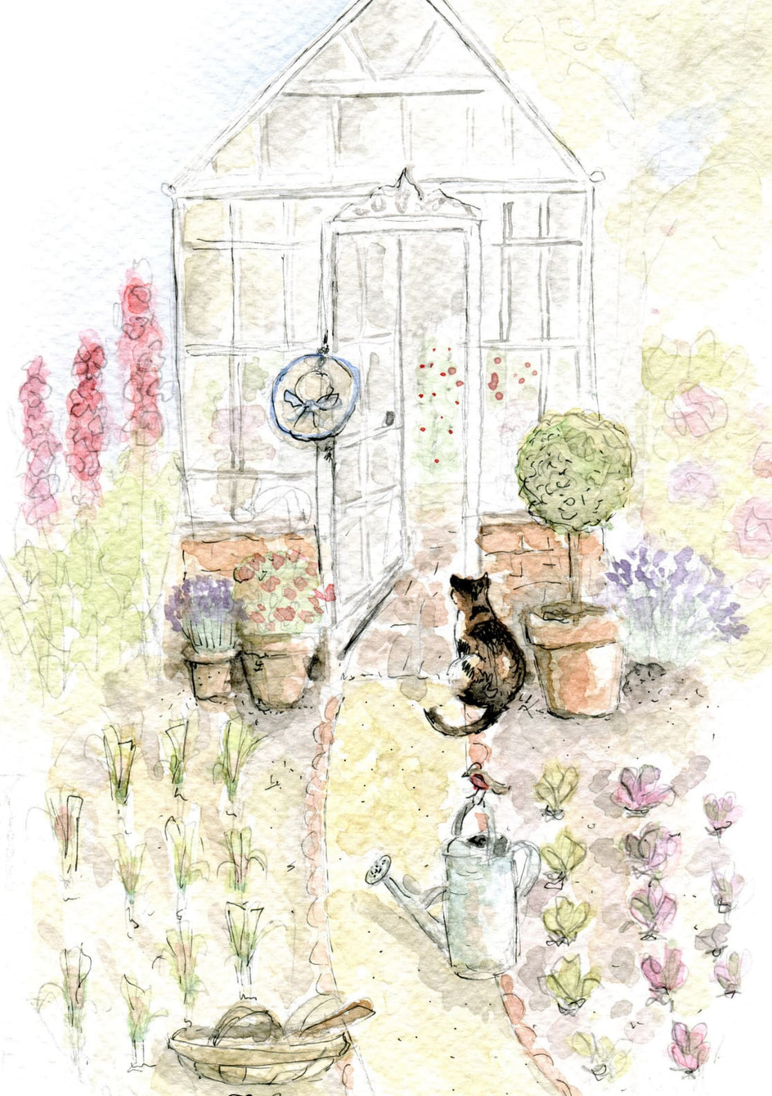 illustration of a cat sat outside of a victorian greenhouse 