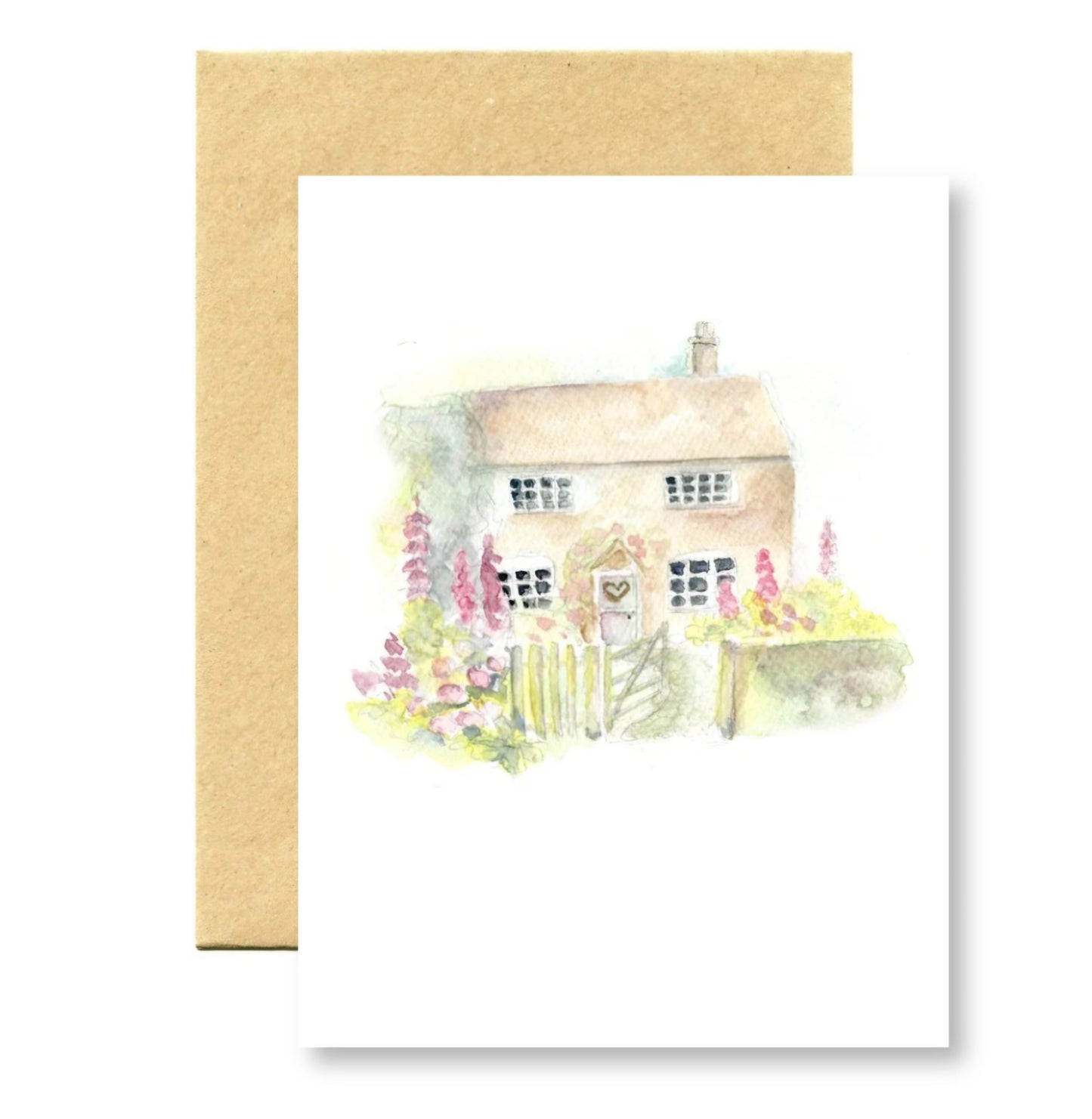 Greeting card with a watercolor illustration of a house and garden on a white background.
