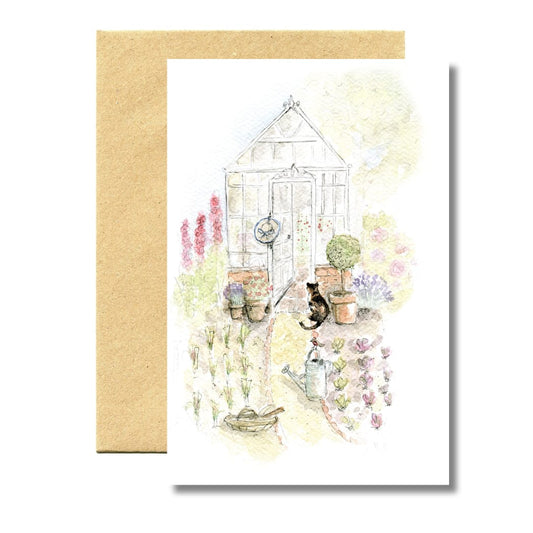 Greeting card with a garden scene illustration featuring a greenhouse, flowers, and a cat.