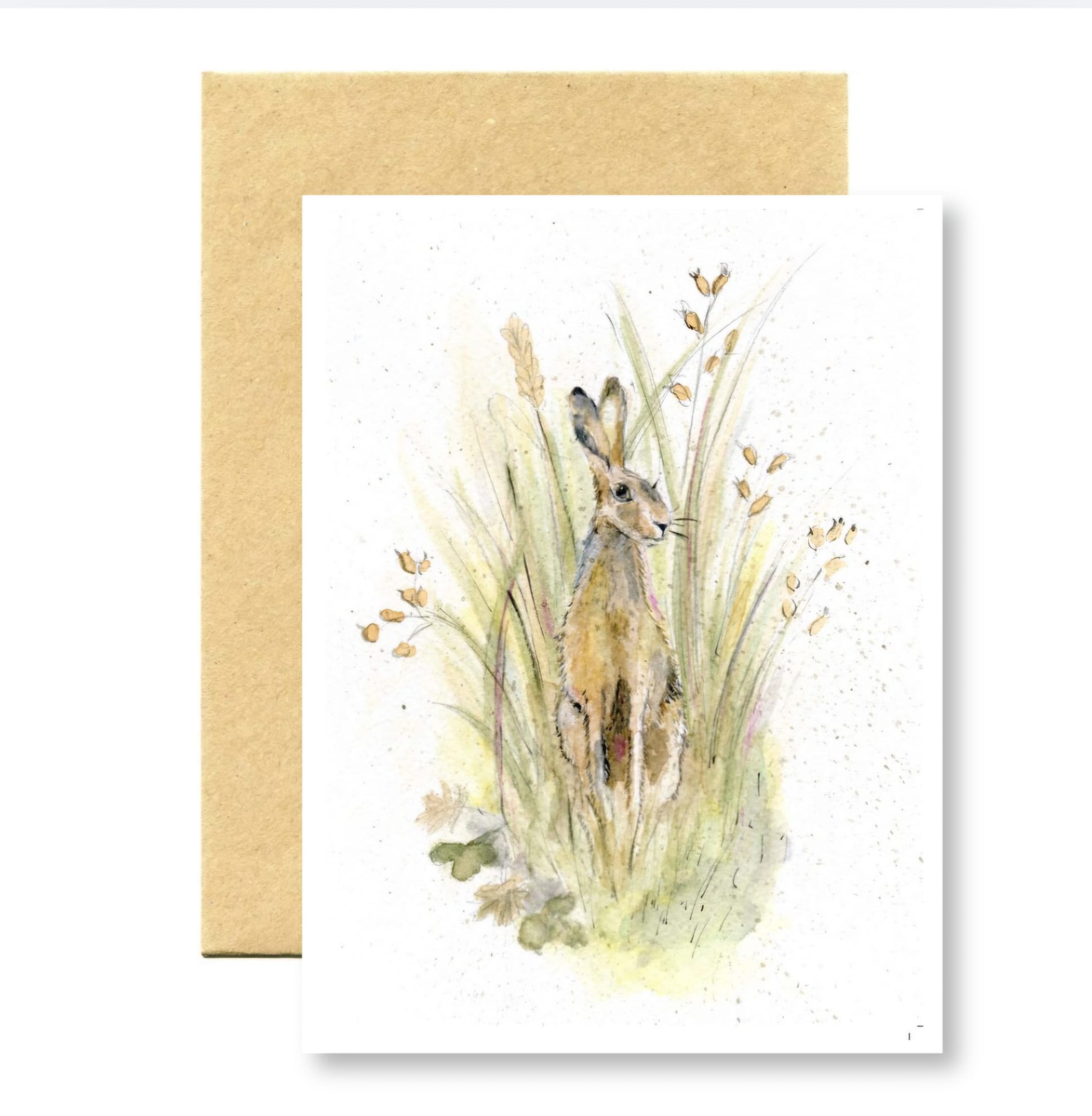 Greeting card with a rabbit illustration in tall grass, featuring a brown envelope.