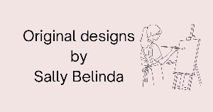 Illustration of a person painting with text 'Original designs by Sally Belinda' on a light pink background