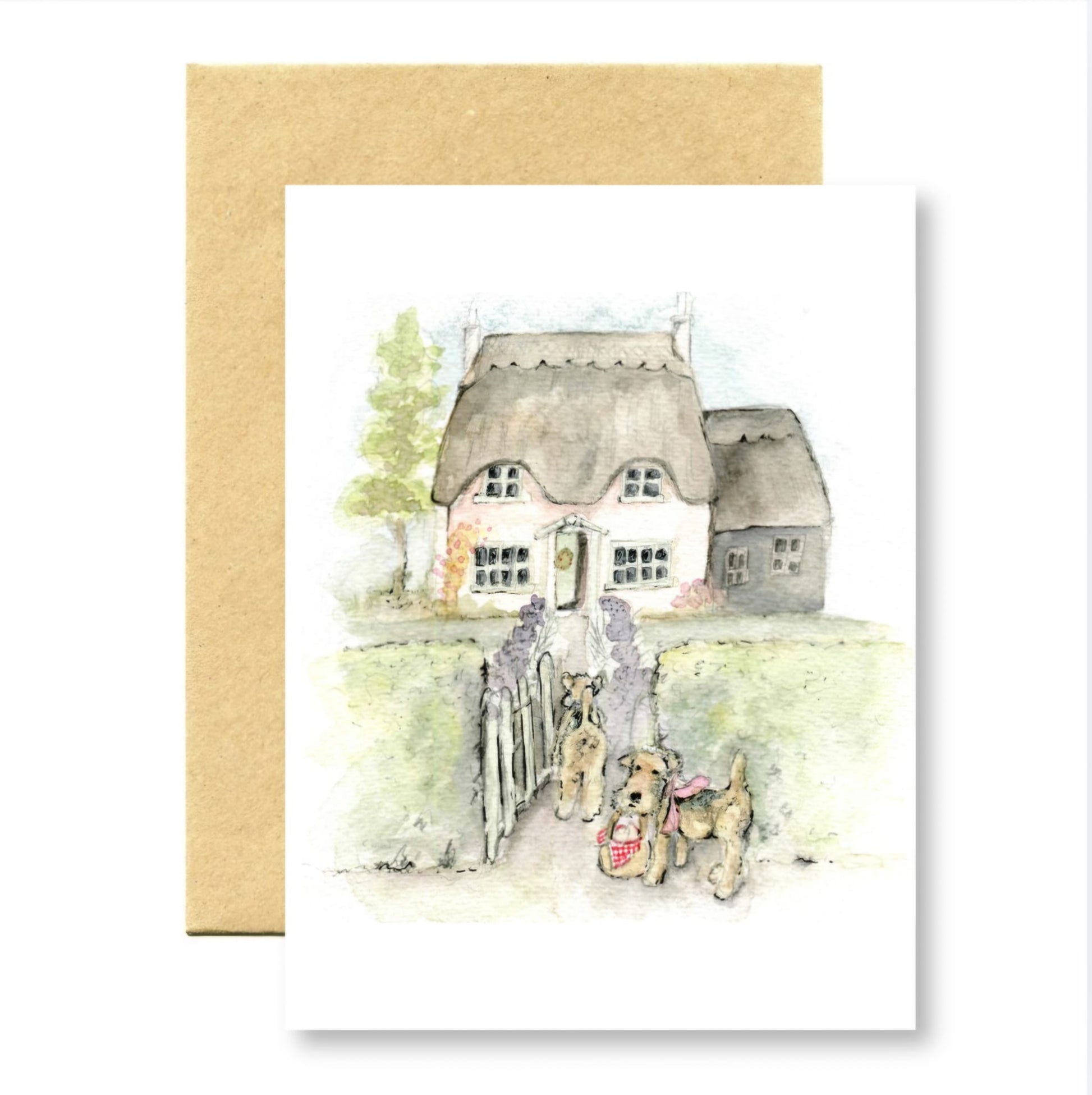 Greeting card with a illustration of a thatched cottage and dogs on a white background