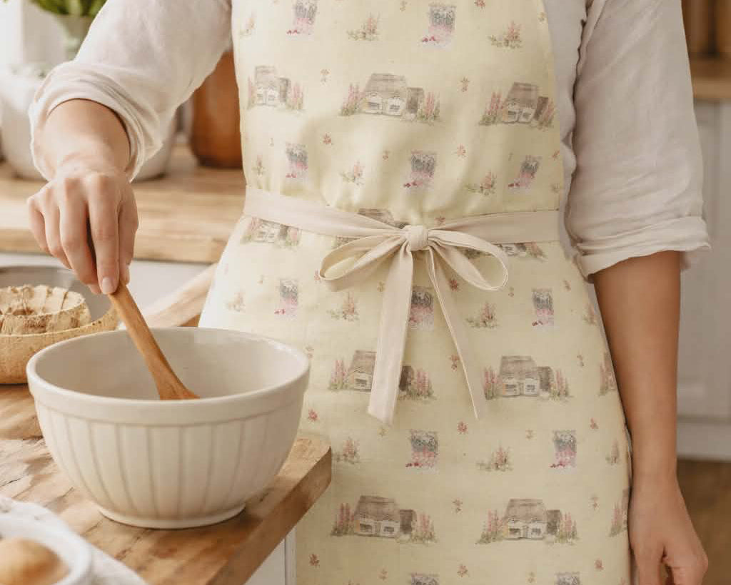 person wearing cottage print apron in country kitchen