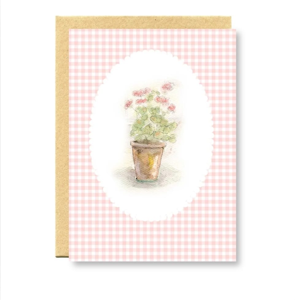 Greeting card with pink checkered border and potted plant illustration on a white background