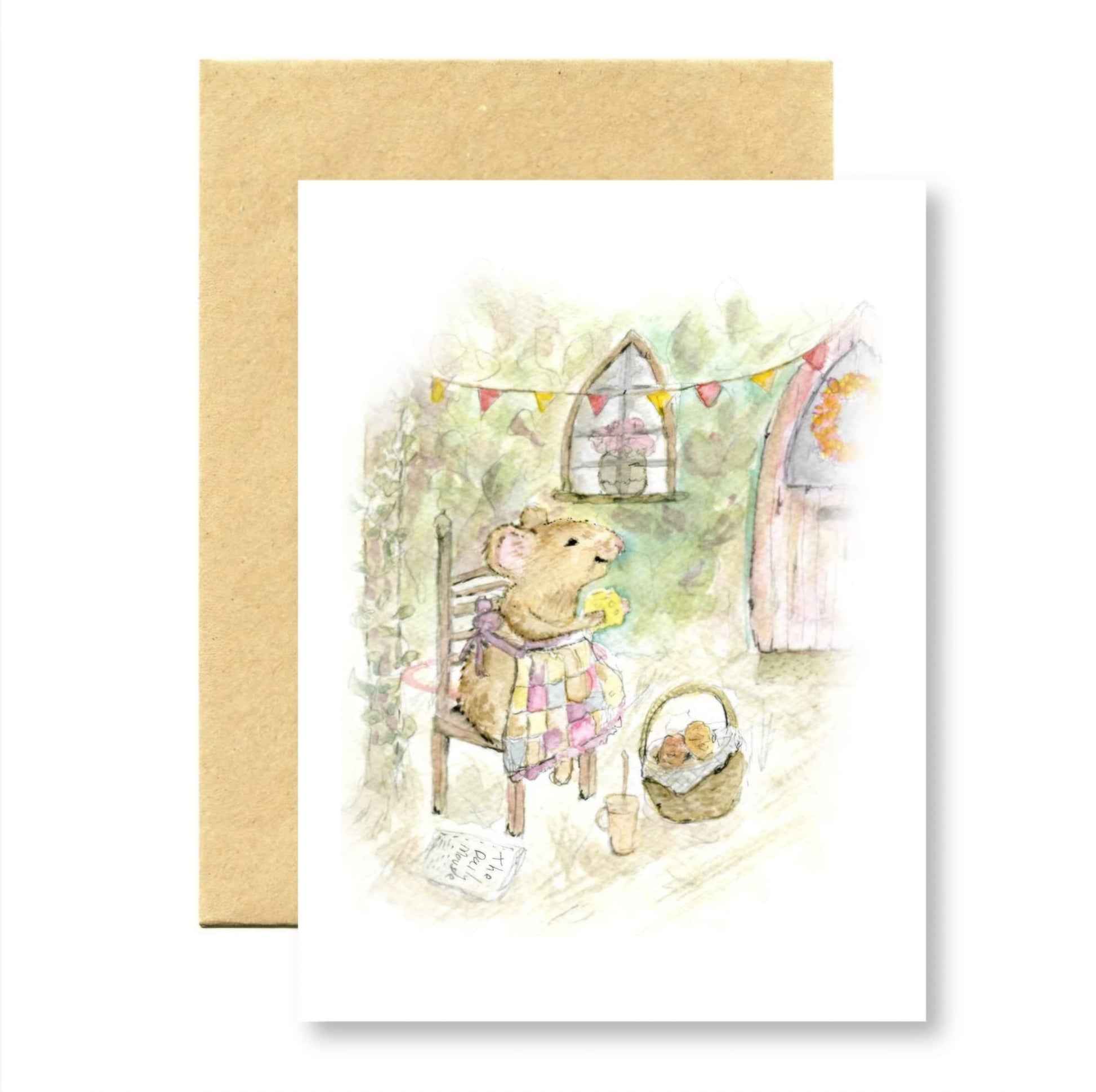 minted card of harvest mouse enjoying a picnic