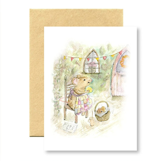 minted card of harvest mouse enjoying a picnic
