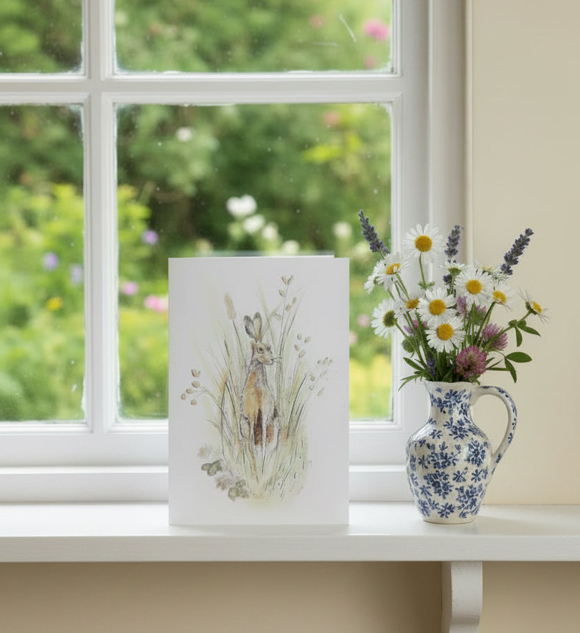 Greeting card with a rabbit illustration on a wooden shelf